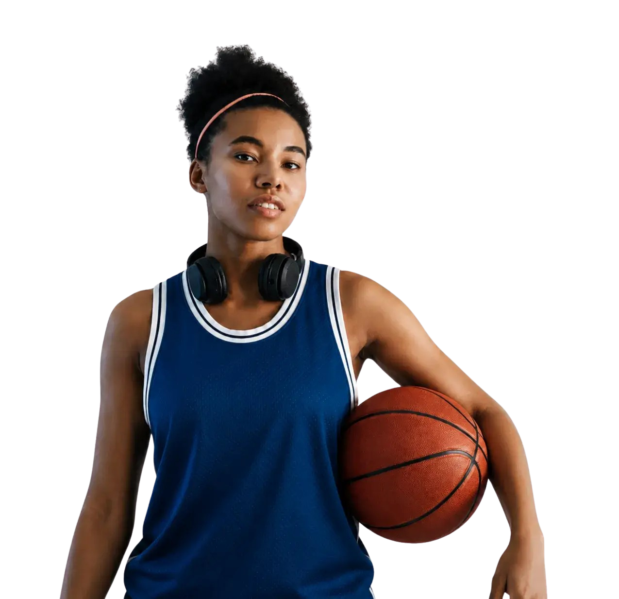 african american woman with a yellow jumper, holding a basketball while looking at the camera